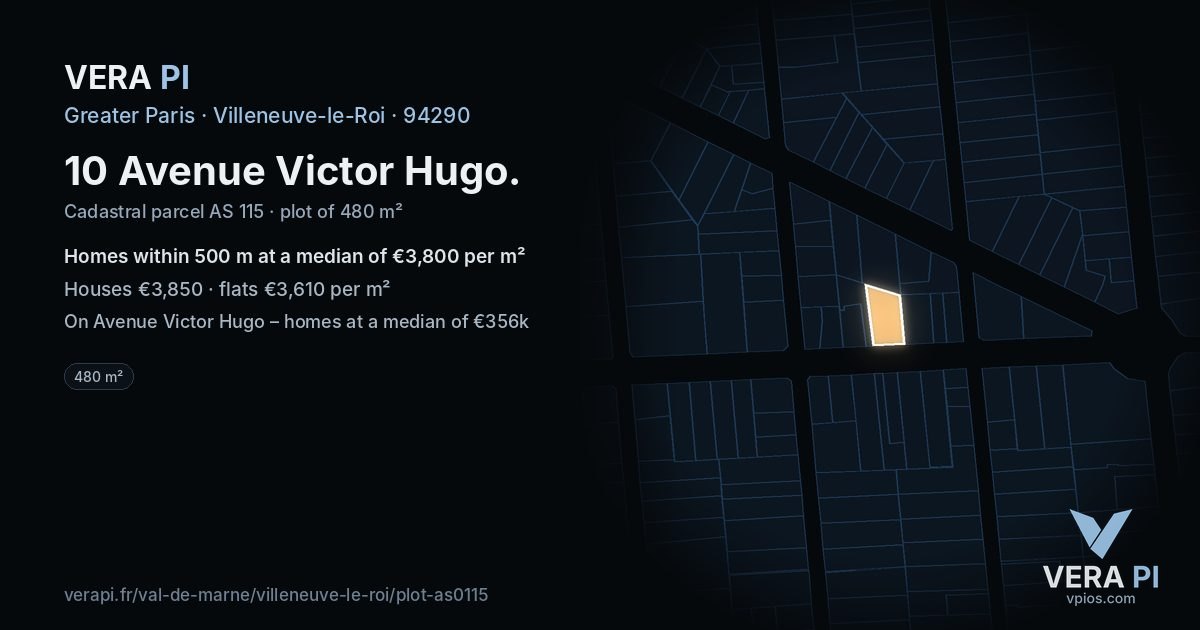 10 Avenue Victor Hugo, Villeneuve-le-Roi at night – the plot lit, the parcels around coloured by the prices near them