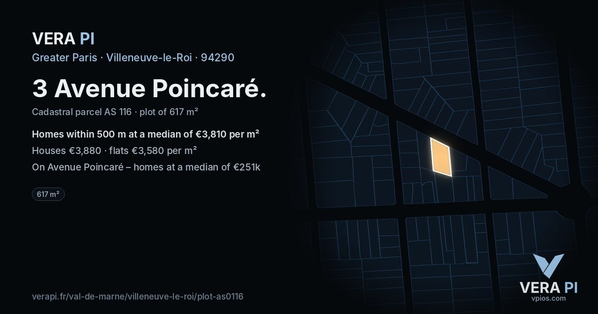 3 Avenue Poincaré, Villeneuve-le-Roi at night – the plot lit, the parcels around coloured by the prices near them