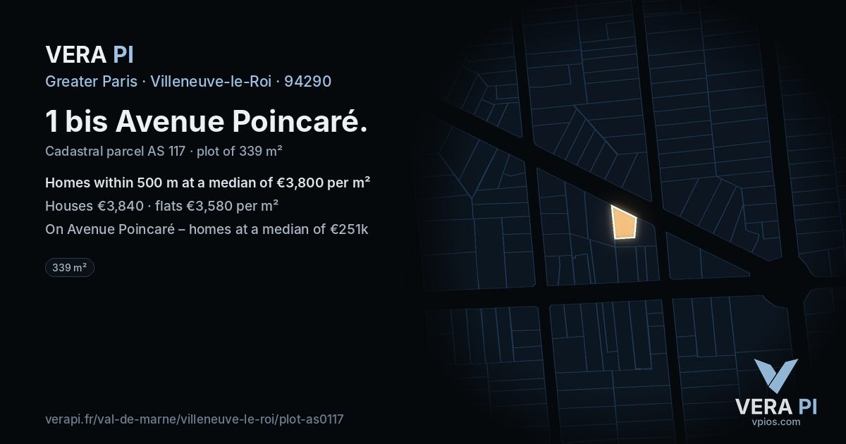 1 bis Avenue Poincaré, Villeneuve-le-Roi at night – the plot lit, the parcels around coloured by the prices near them