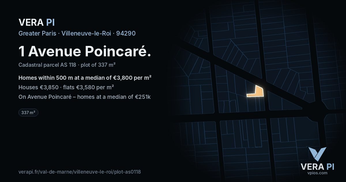 1 Avenue Poincaré, Villeneuve-le-Roi at night – the plot lit, the parcels around coloured by the prices near them