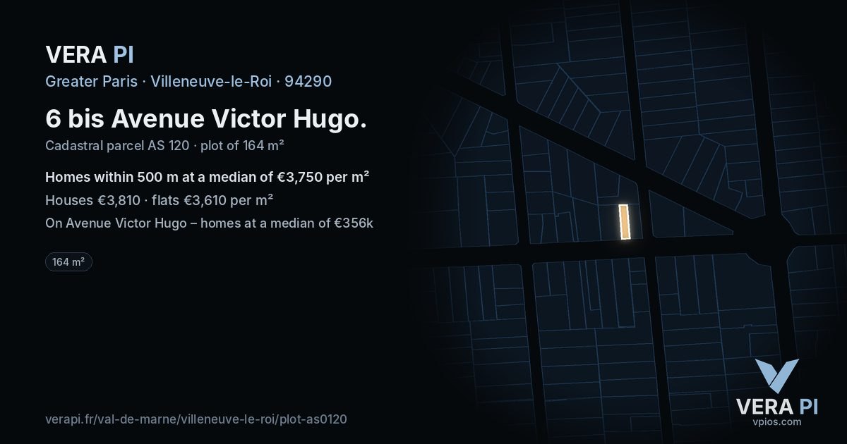 6 bis Avenue Victor Hugo, Villeneuve-le-Roi at night – the plot lit, the parcels around coloured by the prices near them