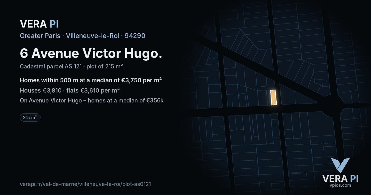 6 Avenue Victor Hugo, Villeneuve-le-Roi at night – the plot lit, the parcels around coloured by the prices near them