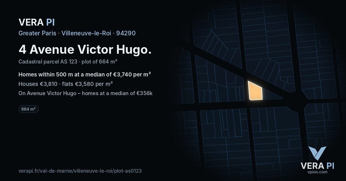 4 Avenue Victor Hugo, Villeneuve-le-Roi at night – the plot lit, the parcels around coloured by the prices near them