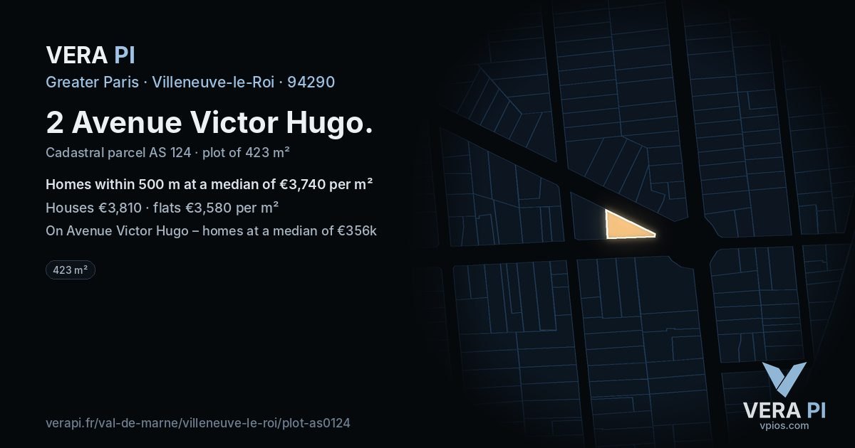 2 Avenue Victor Hugo, Villeneuve-le-Roi at night – the plot lit, the parcels around coloured by the prices near them