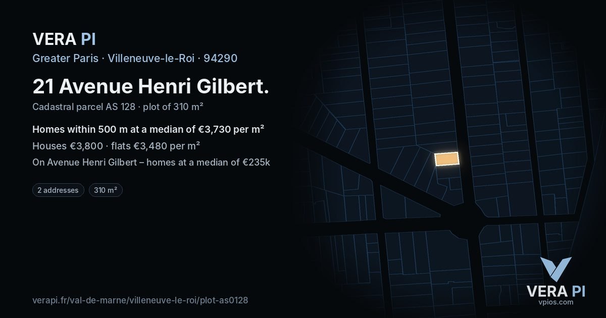 21 Avenue Henri Gilbert, Villeneuve-le-Roi at night – the plot lit, the parcels around coloured by the prices near them
