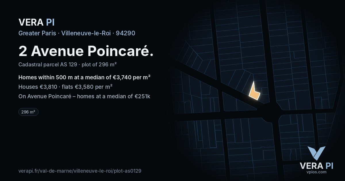 2 Avenue Poincaré, Villeneuve-le-Roi at night – the plot lit, the parcels around coloured by the prices near them