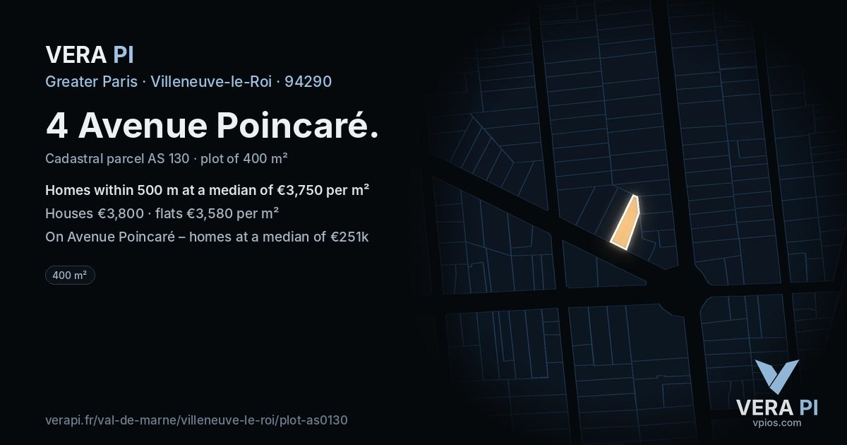4 Avenue Poincaré, Villeneuve-le-Roi at night – the plot lit, the parcels around coloured by the prices near them
