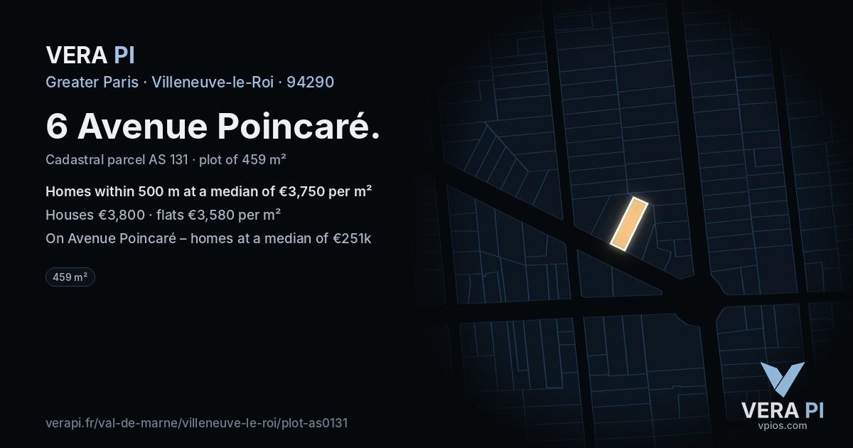 6 Avenue Poincaré, Villeneuve-le-Roi at night – the plot lit, the parcels around coloured by the prices near them