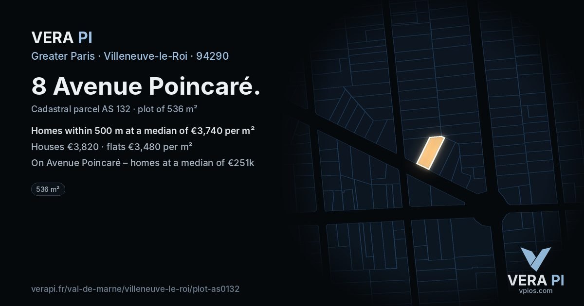 8 Avenue Poincaré, Villeneuve-le-Roi at night – the plot lit, the parcels around coloured by the prices near them