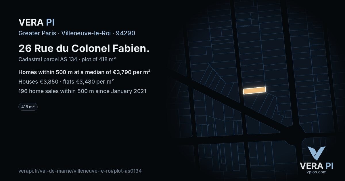 26 Rue du Colonel Fabien, Villeneuve-le-Roi at night – the plot lit, the parcels around coloured by the prices near them