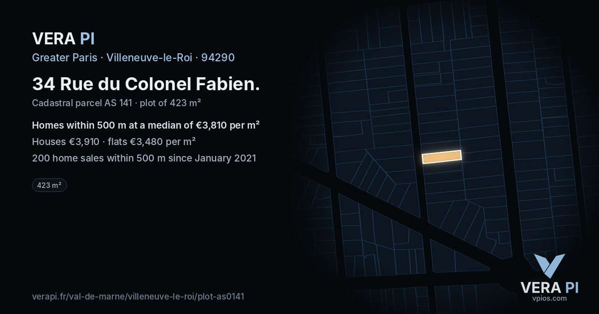 34 Rue du Colonel Fabien, Villeneuve-le-Roi at night – the plot lit, the parcels around coloured by the prices near them