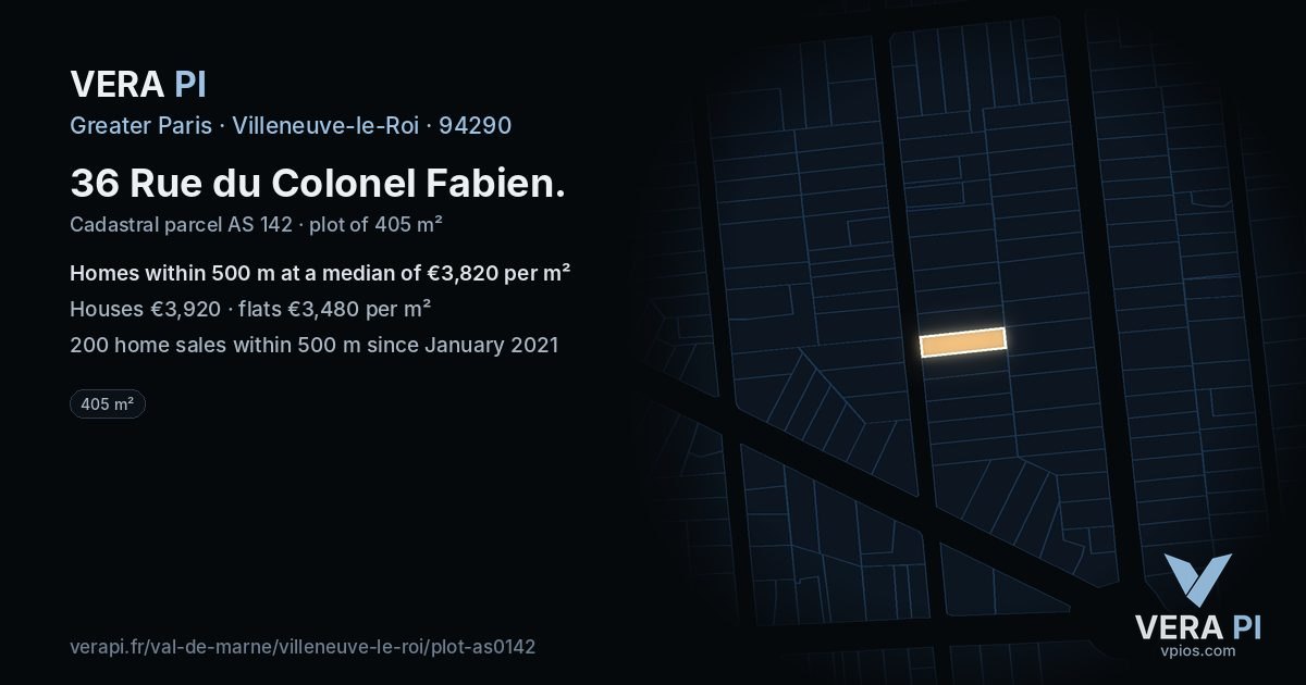 36 Rue du Colonel Fabien, Villeneuve-le-Roi at night – the plot lit, the parcels around coloured by the prices near them