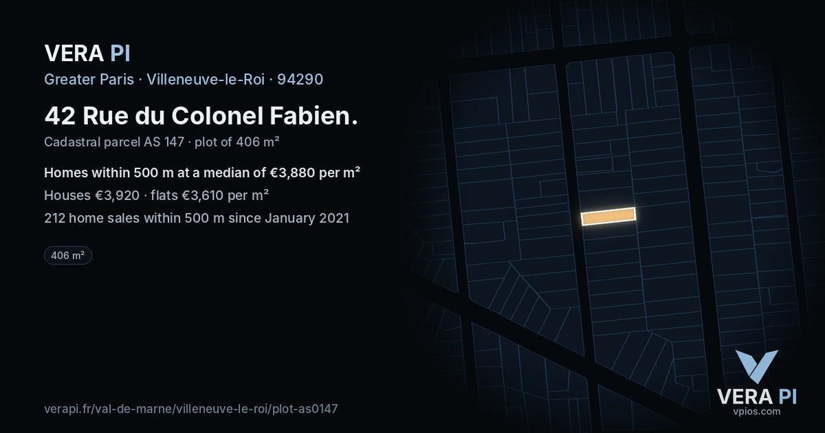 42 Rue du Colonel Fabien, Villeneuve-le-Roi at night – the plot lit, the parcels around coloured by the prices near them