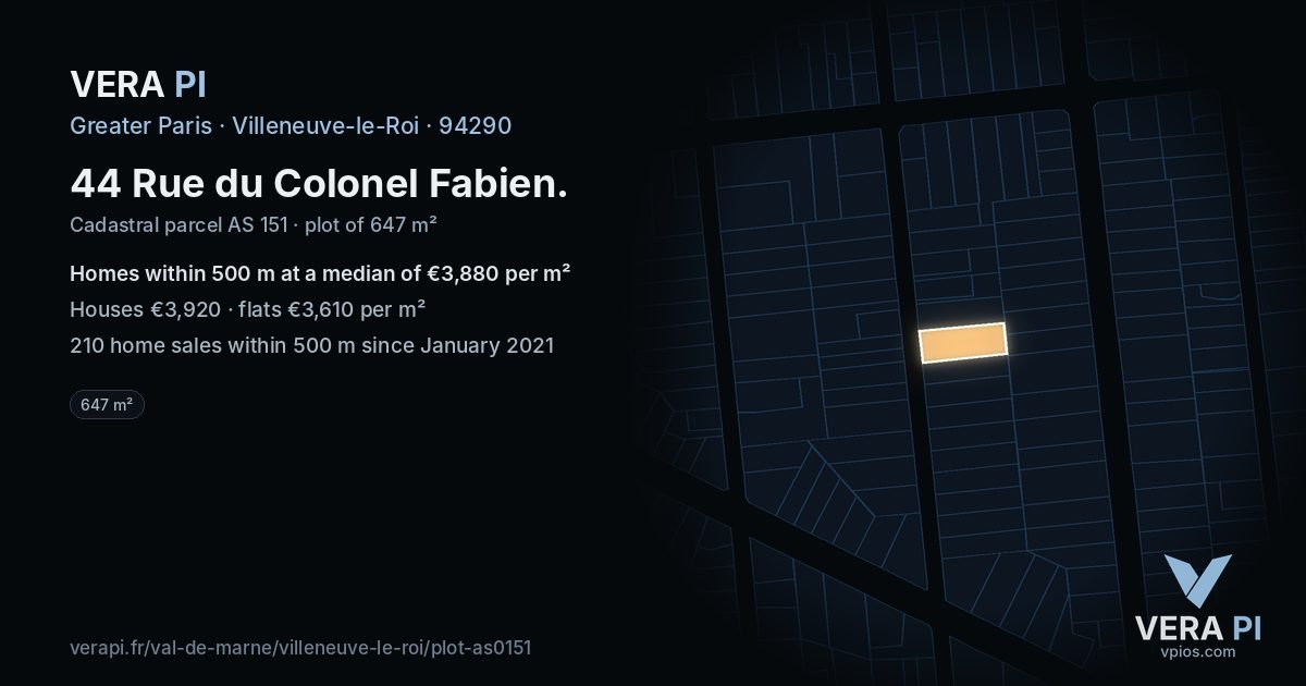 44 Rue du Colonel Fabien, Villeneuve-le-Roi at night – the plot lit, the parcels around coloured by the prices near them
