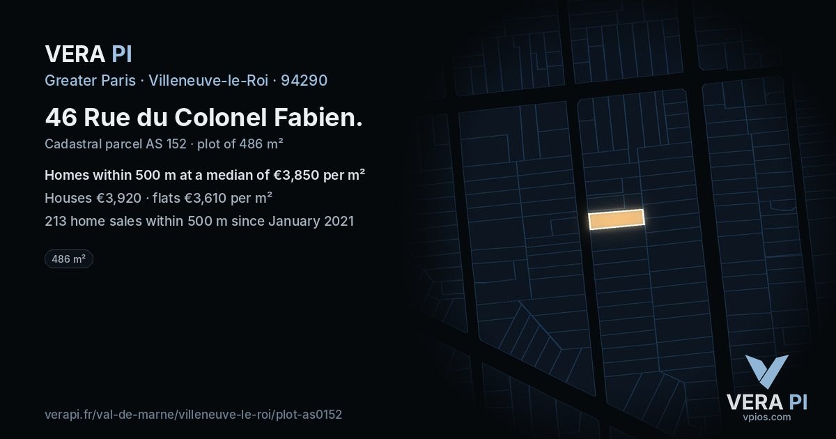 46 Rue du Colonel Fabien, Villeneuve-le-Roi at night – the plot lit, the parcels around coloured by the prices near them