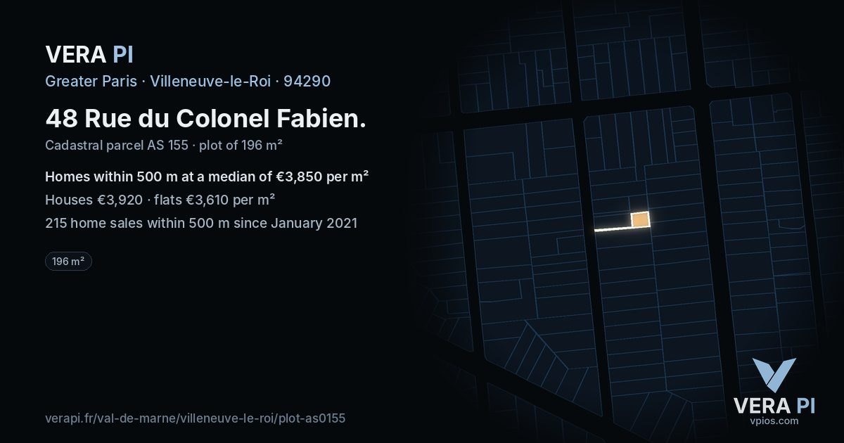 48 Rue du Colonel Fabien, Villeneuve-le-Roi at night – the plot lit, the parcels around coloured by the prices near them