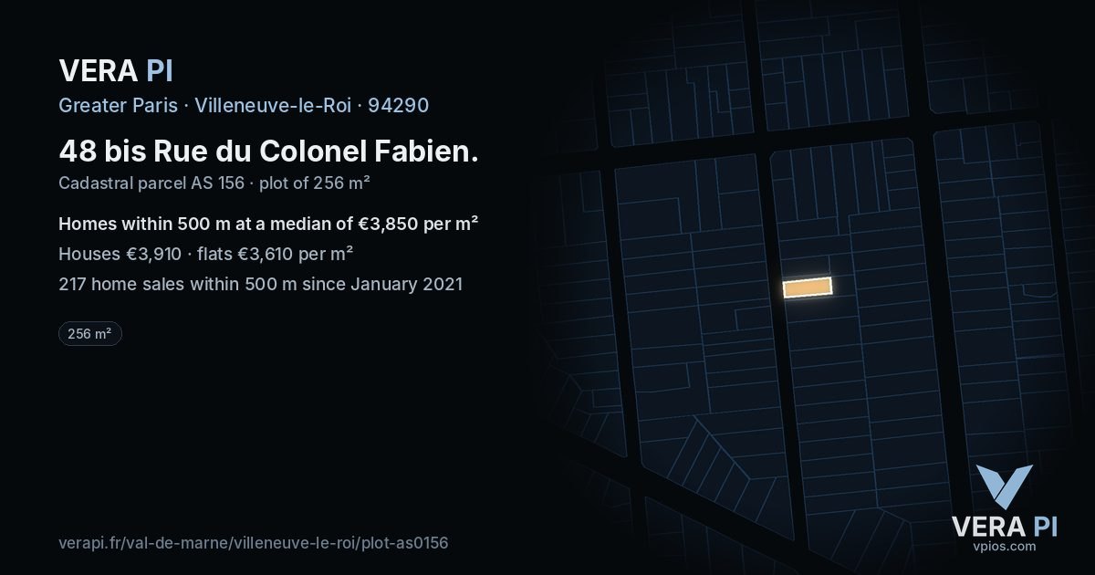 48 bis Rue du Colonel Fabien, Villeneuve-le-Roi at night – the plot lit, the parcels around coloured by the prices near them