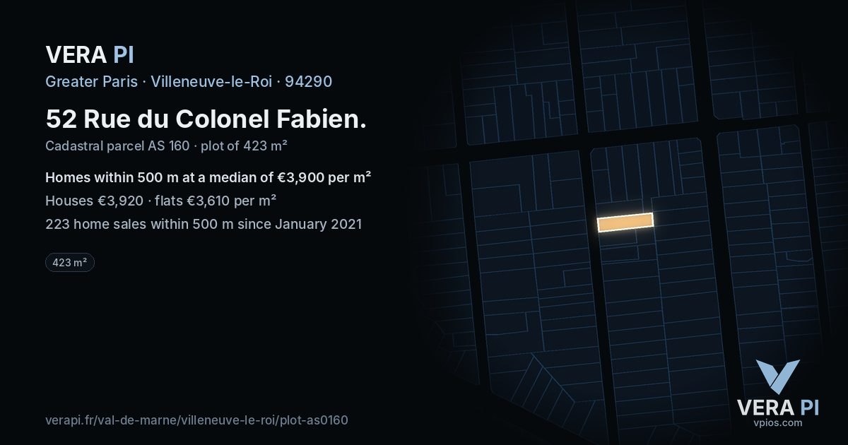 52 Rue du Colonel Fabien, Villeneuve-le-Roi at night – the plot lit, the parcels around coloured by the prices near them