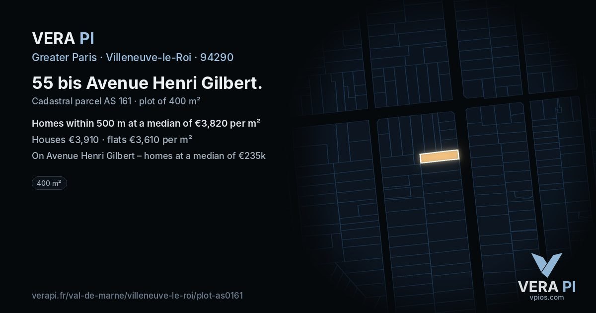 55 bis Avenue Henri Gilbert, Villeneuve-le-Roi at night – the plot lit, the parcels around coloured by the prices near them