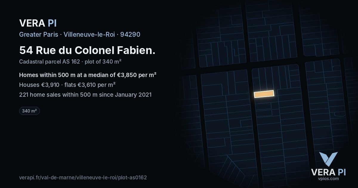 54 Rue du Colonel Fabien, Villeneuve-le-Roi at night – the plot lit, the parcels around coloured by the prices near them