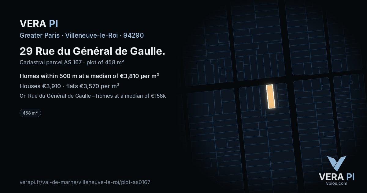 29 Rue du Général de Gaulle, Villeneuve-le-Roi at night – the plot lit, the parcels around coloured by the prices near them