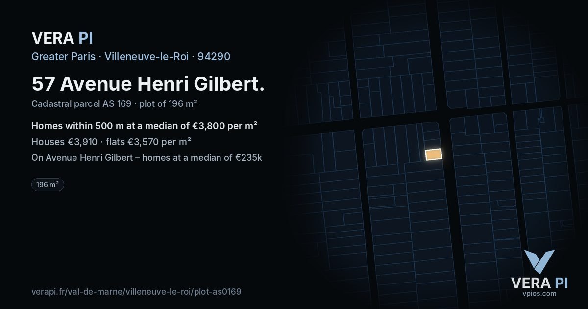 57 Avenue Henri Gilbert, Villeneuve-le-Roi at night – the plot lit, the parcels around coloured by the prices near them