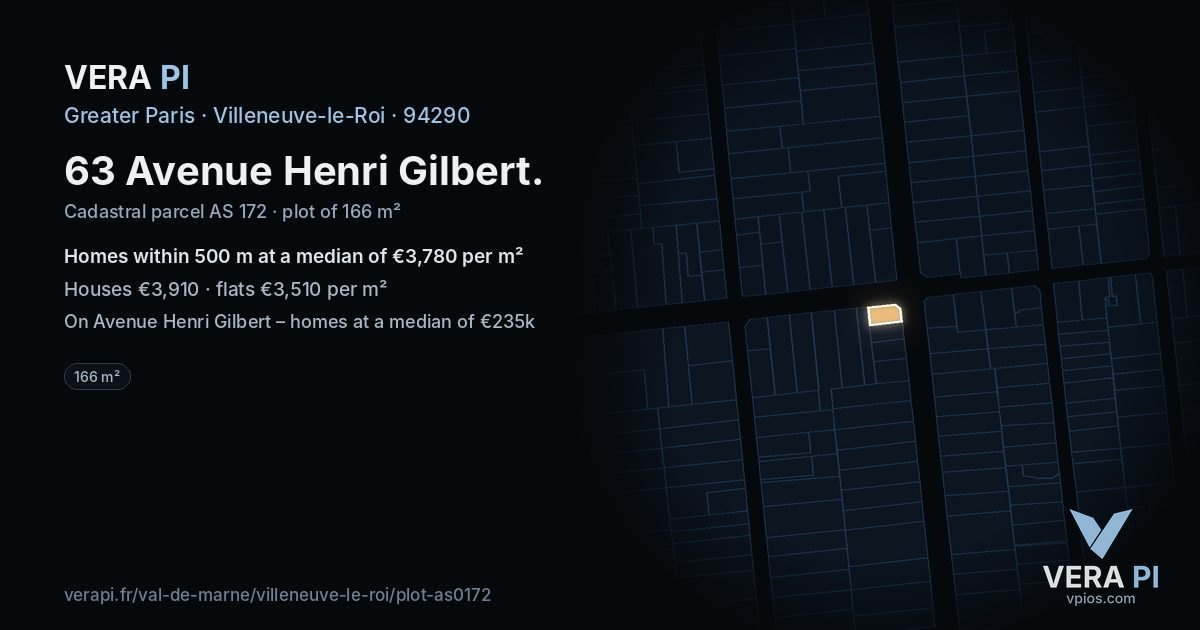 63 Avenue Henri Gilbert, Villeneuve-le-Roi at night – the plot lit, the parcels around coloured by the prices near them