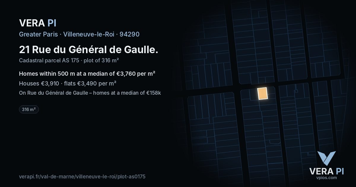 21 Rue du Général de Gaulle, Villeneuve-le-Roi at night – the plot lit, the parcels around coloured by the prices near them