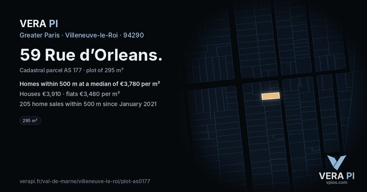 59 Rue d’Orleans, Villeneuve-le-Roi at night – the plot lit, the parcels around coloured by the prices near them