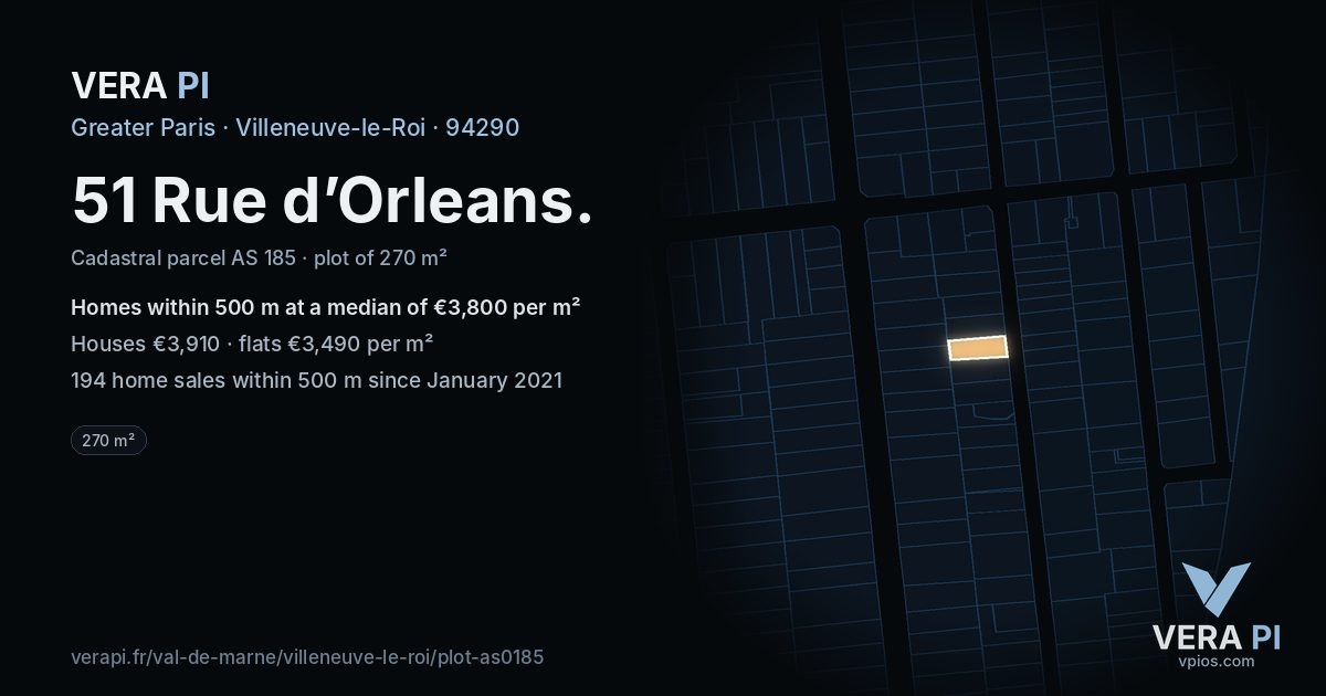51 Rue d’Orleans, Villeneuve-le-Roi at night – the plot lit, the parcels around coloured by the prices near them