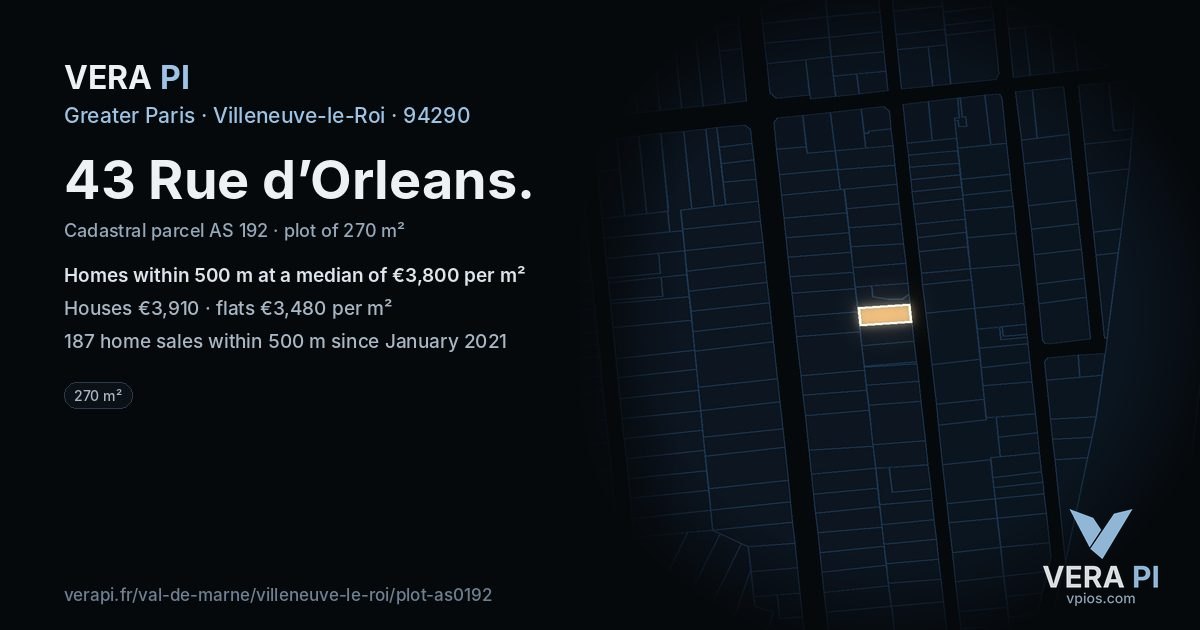 43 Rue d’Orleans, Villeneuve-le-Roi at night – the plot lit, the parcels around coloured by the prices near them