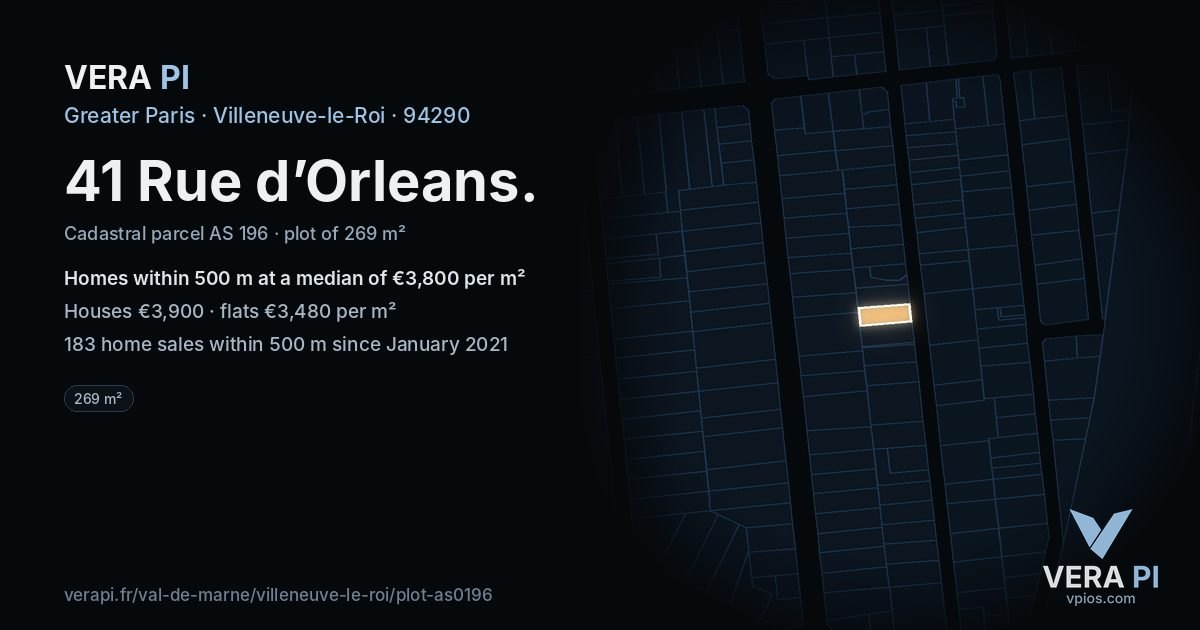 41 Rue d’Orleans, Villeneuve-le-Roi at night – the plot lit, the parcels around coloured by the prices near them