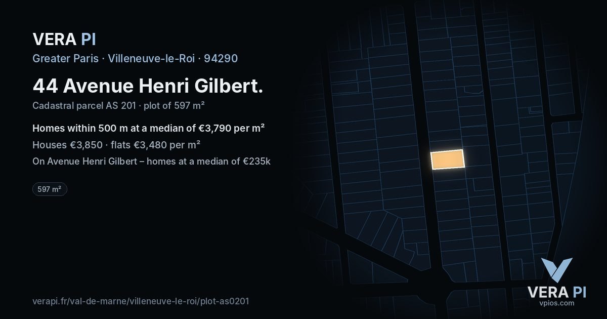 44 Avenue Henri Gilbert, Villeneuve-le-Roi at night – the plot lit, the parcels around coloured by the prices near them