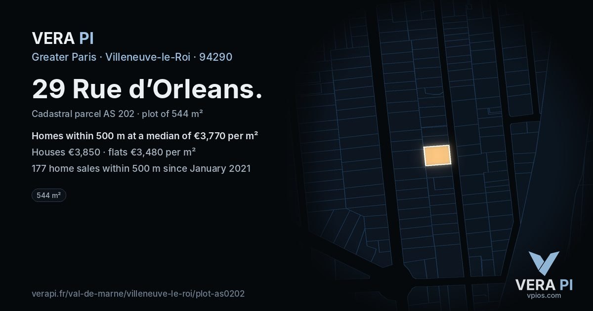 29 Rue d’Orleans, Villeneuve-le-Roi at night – the plot lit, the parcels around coloured by the prices near them