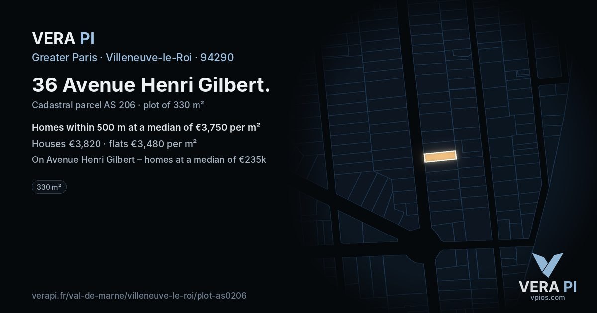 36 Avenue Henri Gilbert, Villeneuve-le-Roi at night – the plot lit, the parcels around coloured by the prices near them