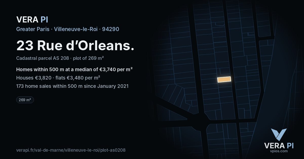 23 Rue d’Orleans, Villeneuve-le-Roi at night – the plot lit, the parcels around coloured by the prices near them