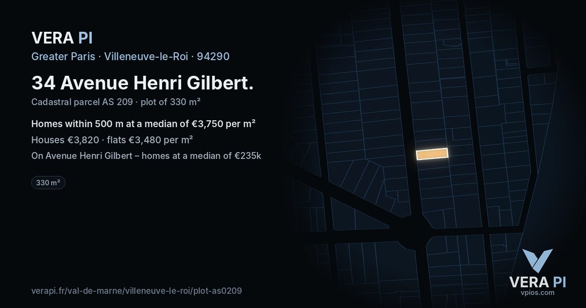 34 Avenue Henri Gilbert, Villeneuve-le-Roi at night – the plot lit, the parcels around coloured by the prices near them