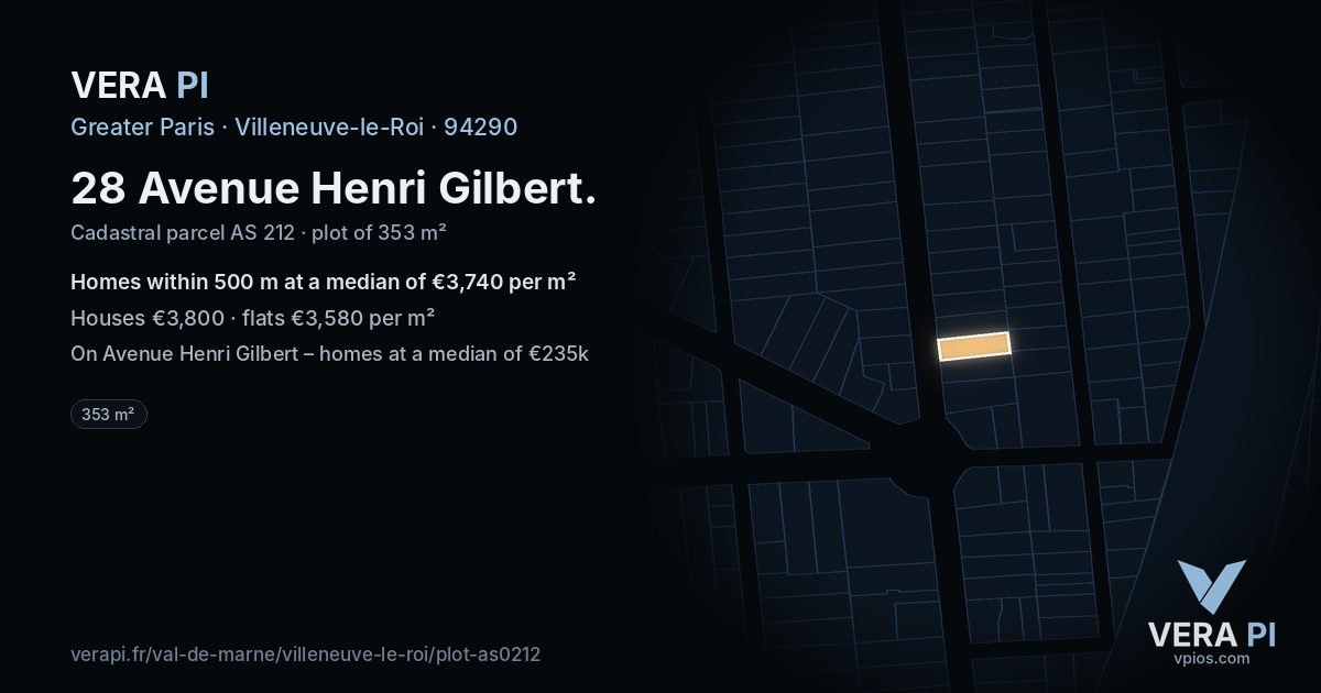 28 Avenue Henri Gilbert, Villeneuve-le-Roi at night – the plot lit, the parcels around coloured by the prices near them