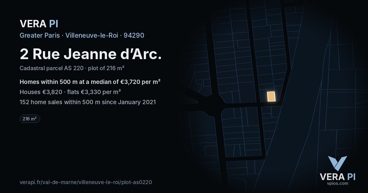 2 Rue Jeanne d’Arc, Villeneuve-le-Roi at night – the plot lit, the parcels around coloured by the prices near them
