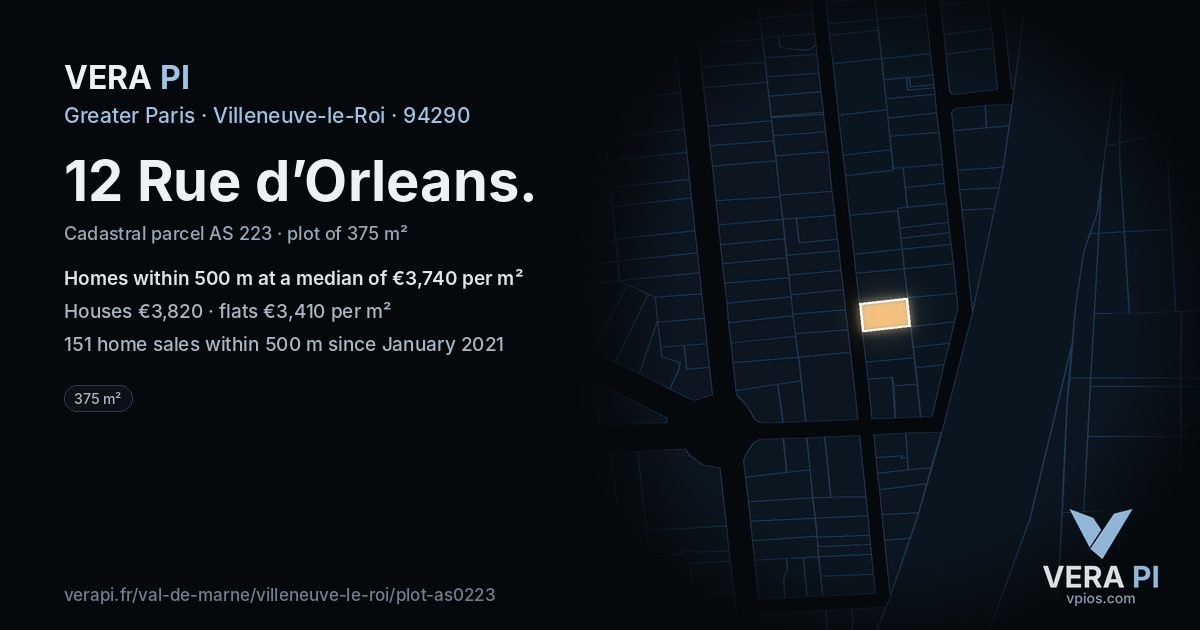 12 Rue d’Orleans, Villeneuve-le-Roi at night – the plot lit, the parcels around coloured by the prices near them