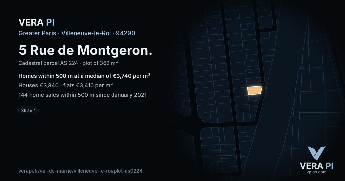 5 Rue de Montgeron, Villeneuve-le-Roi at night – the plot lit, the parcels around coloured by the prices near them