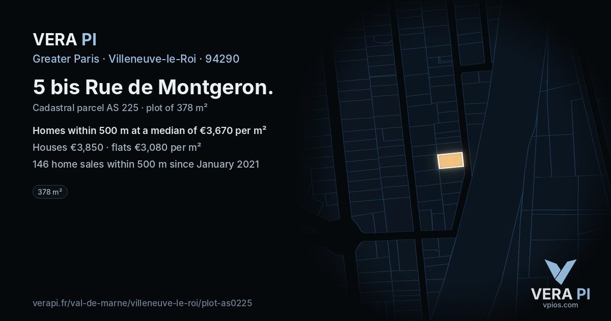 5 bis Rue de Montgeron, Villeneuve-le-Roi at night – the plot lit, the parcels around coloured by the prices near them