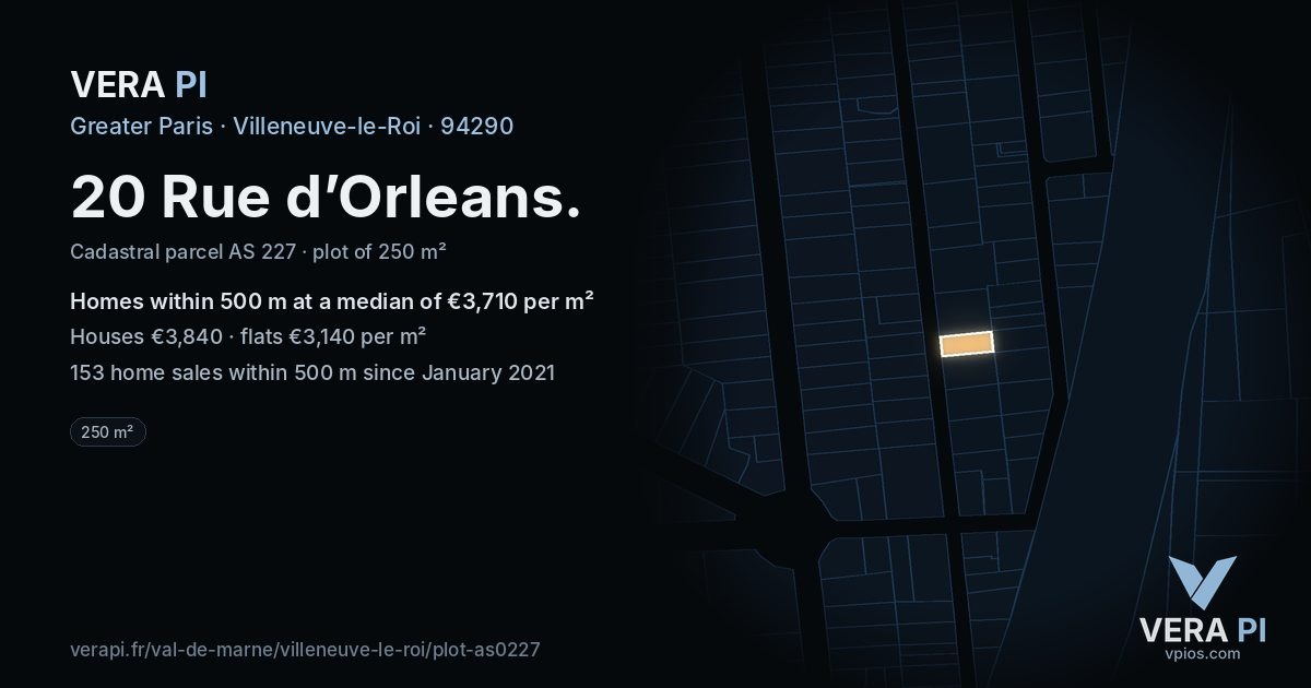 20 Rue d’Orleans, Villeneuve-le-Roi at night – the plot lit, the parcels around coloured by the prices near them