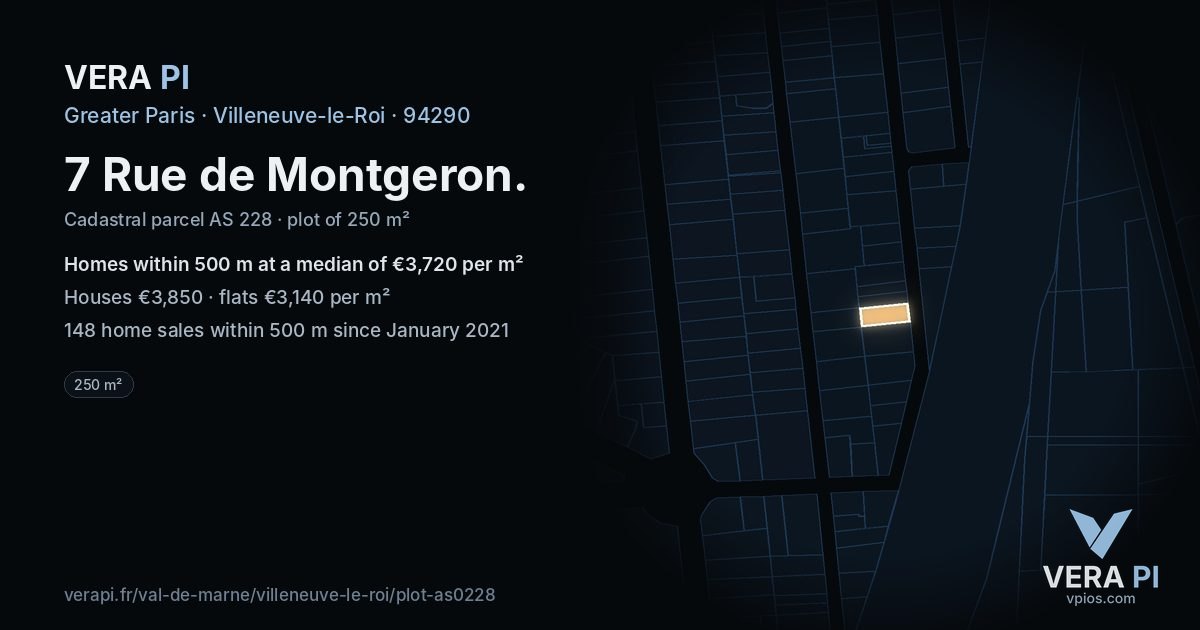 7 Rue de Montgeron, Villeneuve-le-Roi at night – the plot lit, the parcels around coloured by the prices near them