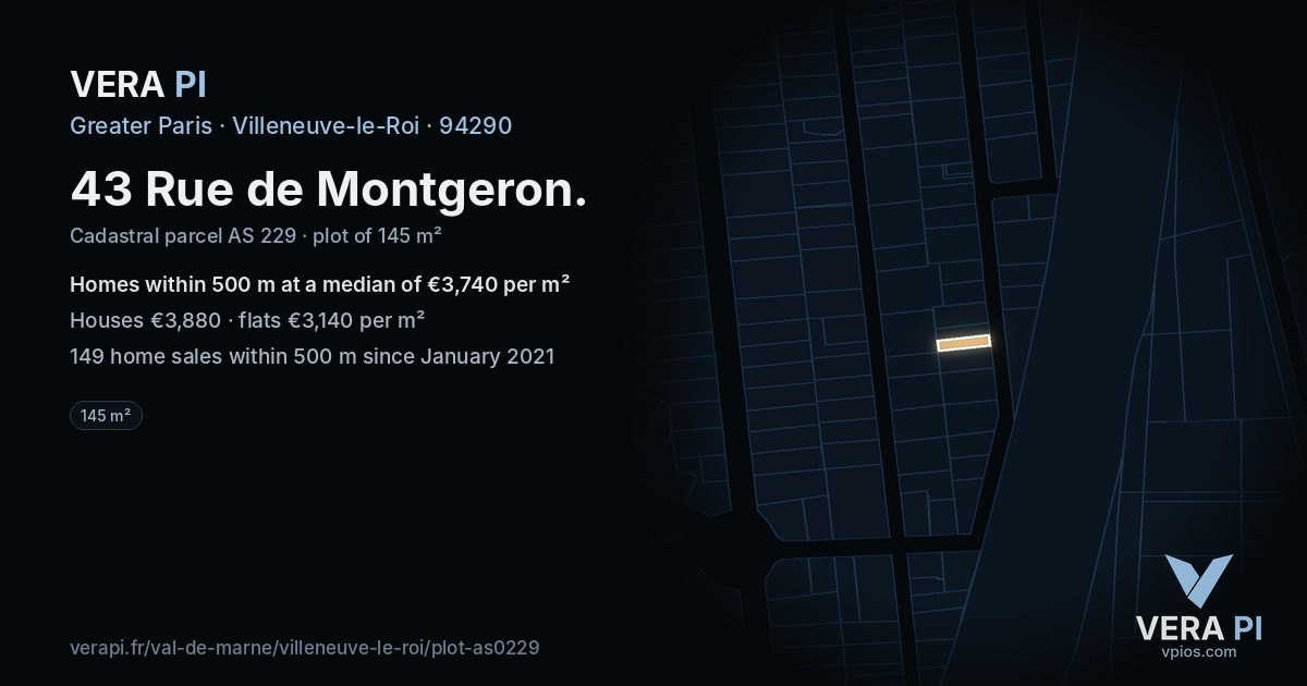 43 Rue de Montgeron, Villeneuve-le-Roi at night – the plot lit, the parcels around coloured by the prices near them