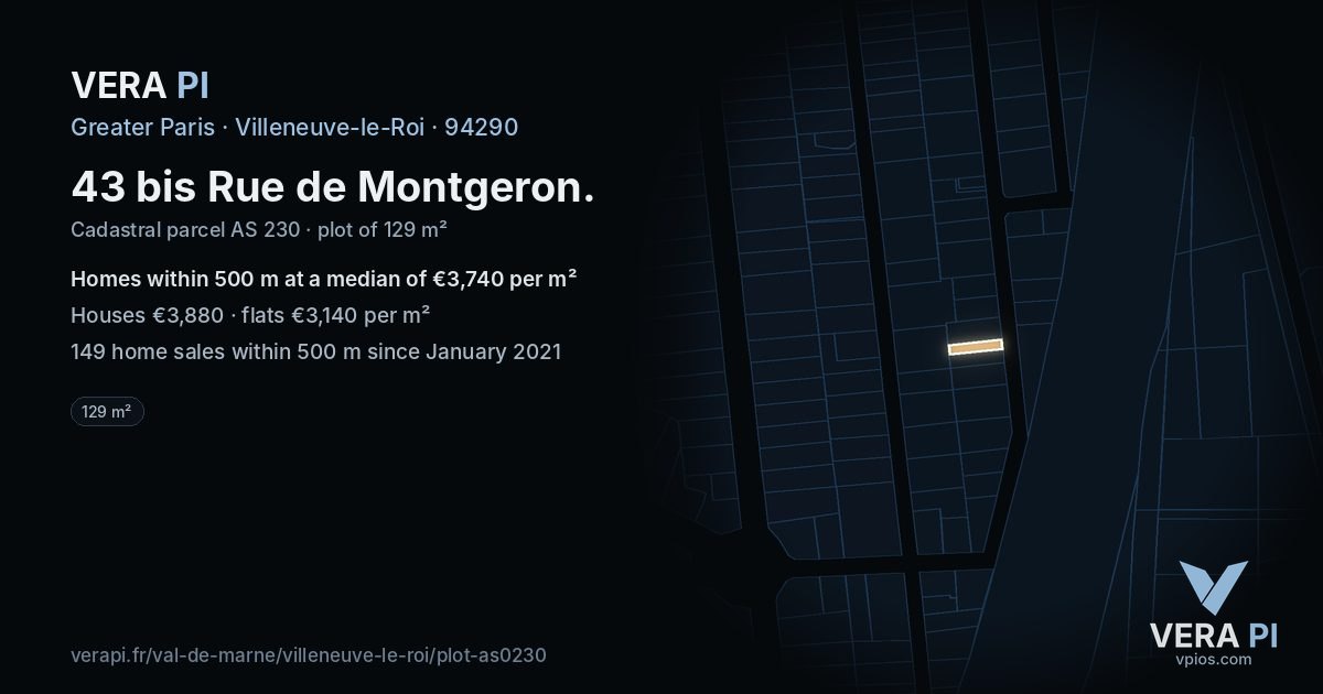 43 bis Rue de Montgeron, Villeneuve-le-Roi at night – the plot lit, the parcels around coloured by the prices near them