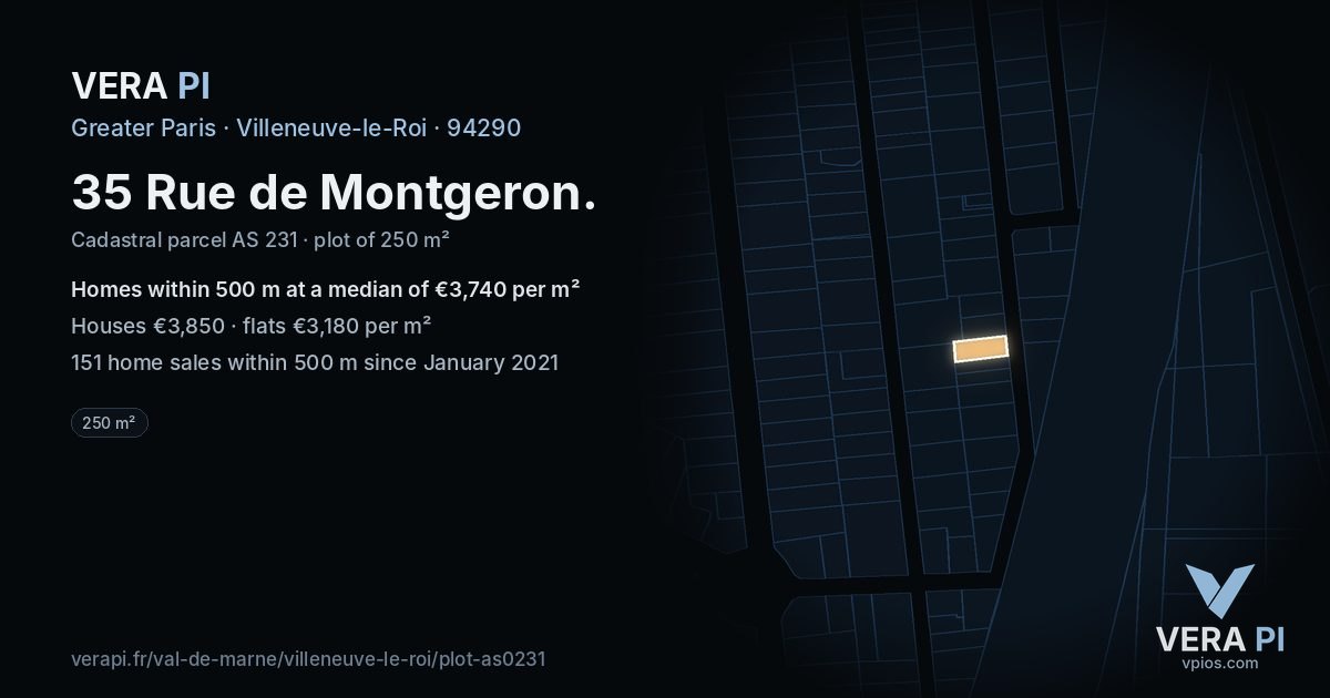 35 Rue de Montgeron, Villeneuve-le-Roi at night – the plot lit, the parcels around coloured by the prices near them