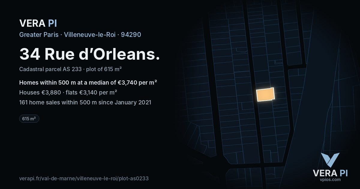 34 Rue d’Orleans, Villeneuve-le-Roi at night – the plot lit, the parcels around coloured by the prices near them