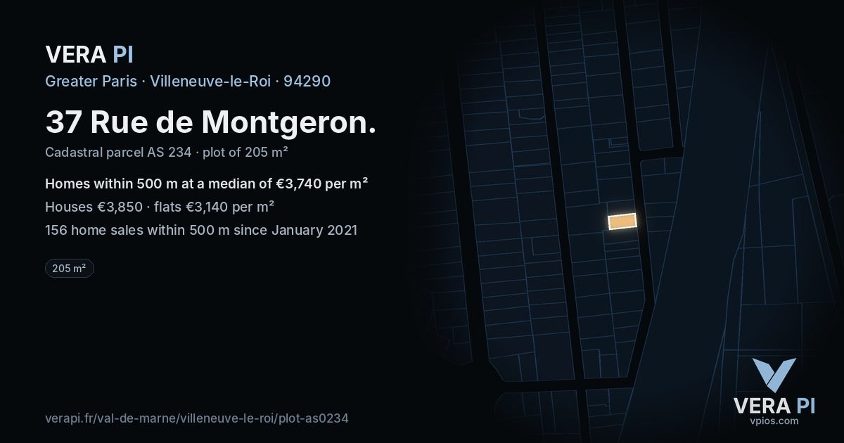 37 Rue de Montgeron, Villeneuve-le-Roi at night – the plot lit, the parcels around coloured by the prices near them
