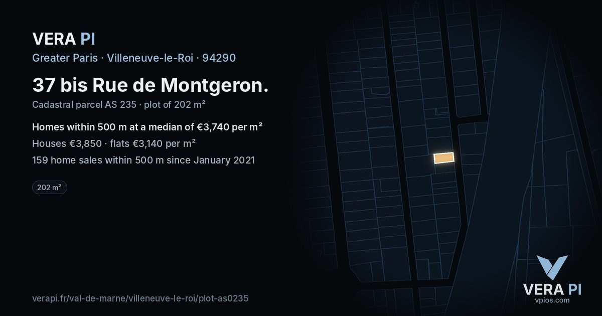 37 bis Rue de Montgeron, Villeneuve-le-Roi at night – the plot lit, the parcels around coloured by the prices near them